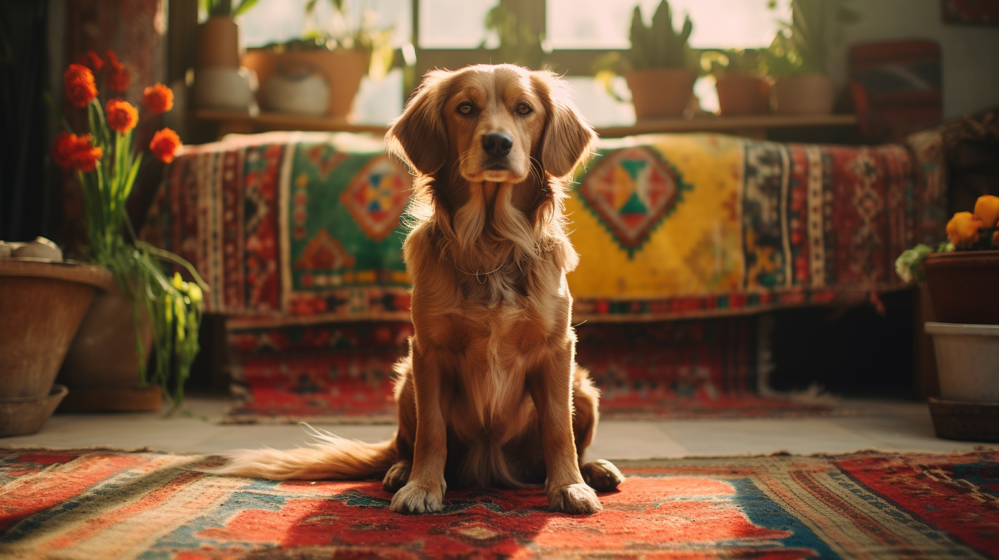 dog sitting on a rug